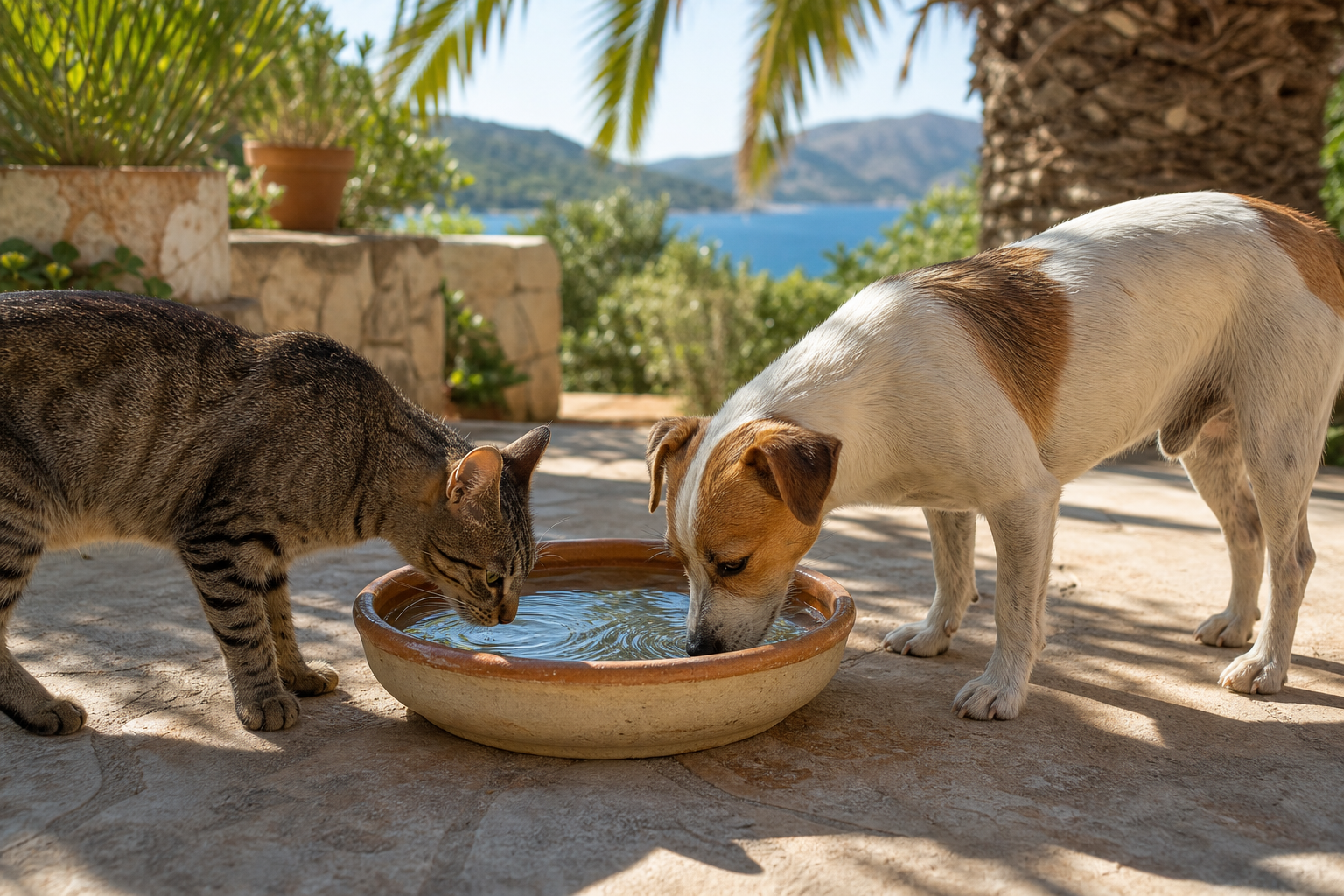 Hund und Katze trinken Wasser im Schatten auf Mallorca