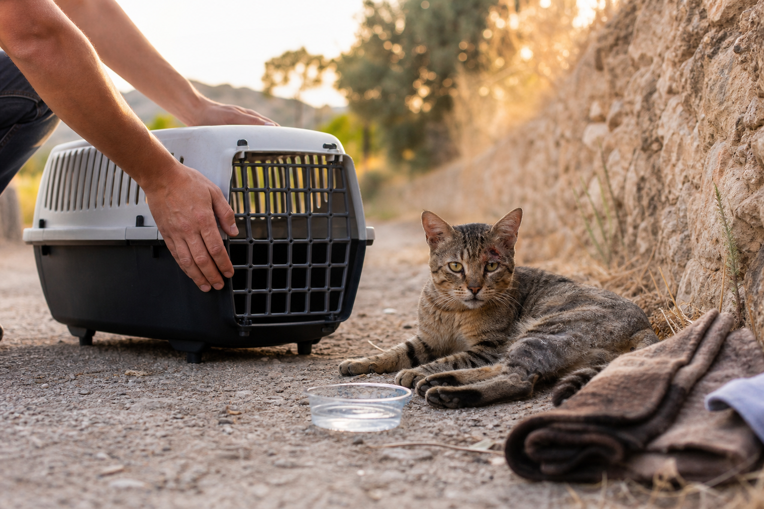 First care for a found cat with carrier and water in Mallorca
