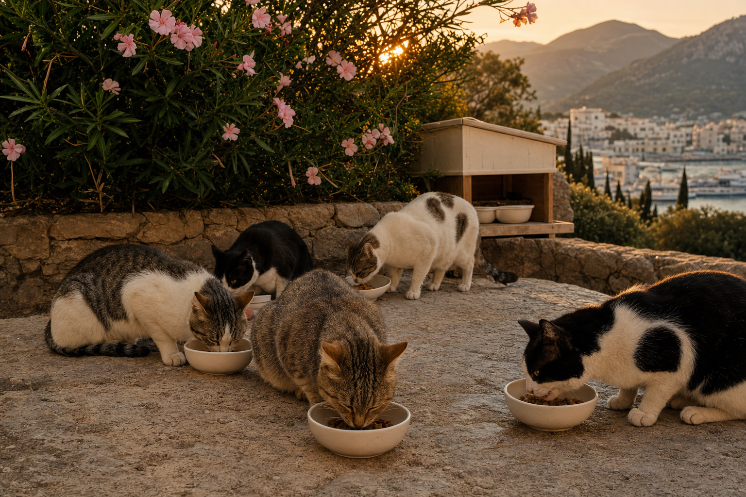 Betreute Futterstelle einer Katzenkolonie auf Mallorca bei Abendlicht