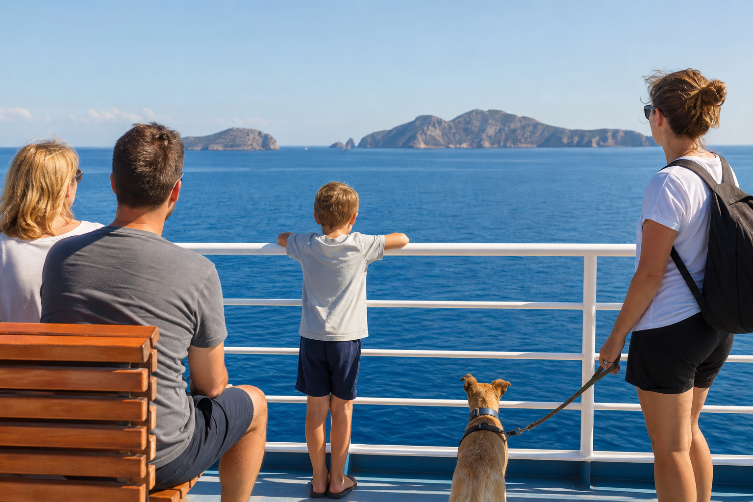 Dog on a ferry deck with Mediterranean sea towards the Balearic Islands