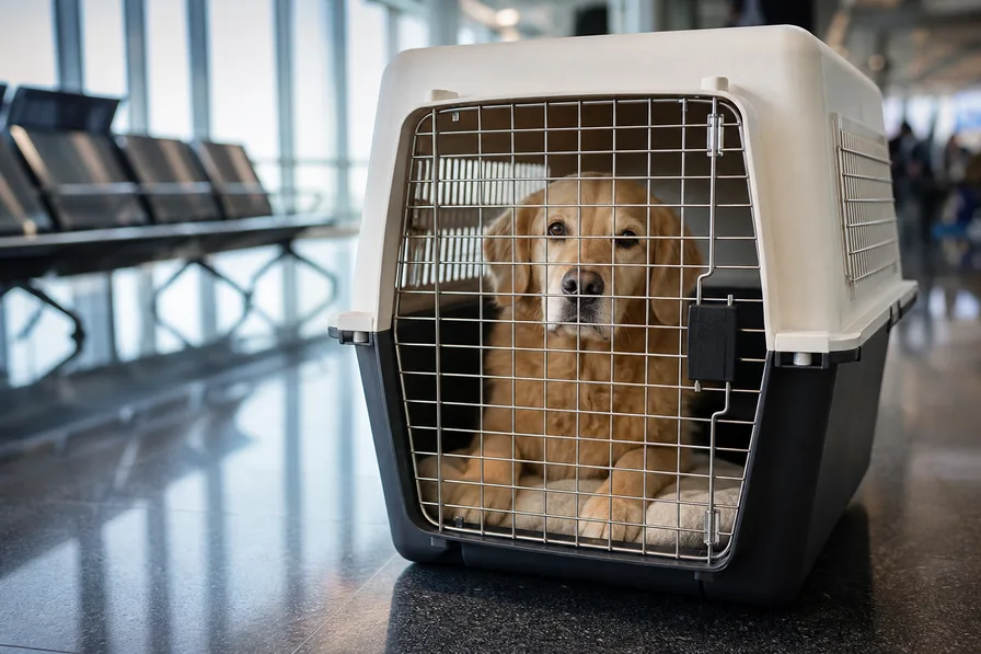 Hund in Transportbox — Flugpatenschaft aus Mallorca