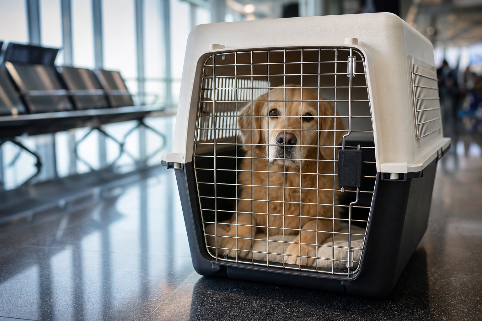 Dog in an approved IATA travel crate before the flight