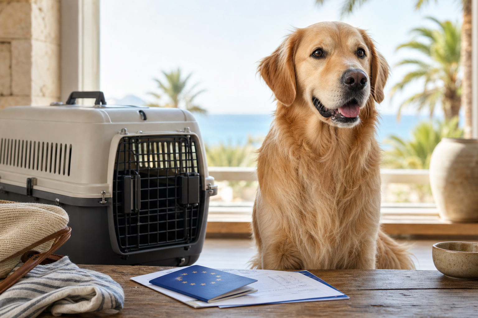 Dog next to travel crate and EU pet passport – preparing for a trip to Mallorca
