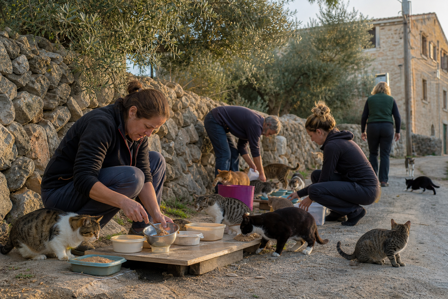 Straßenkatzen an einer Futterstelle auf Mallorca