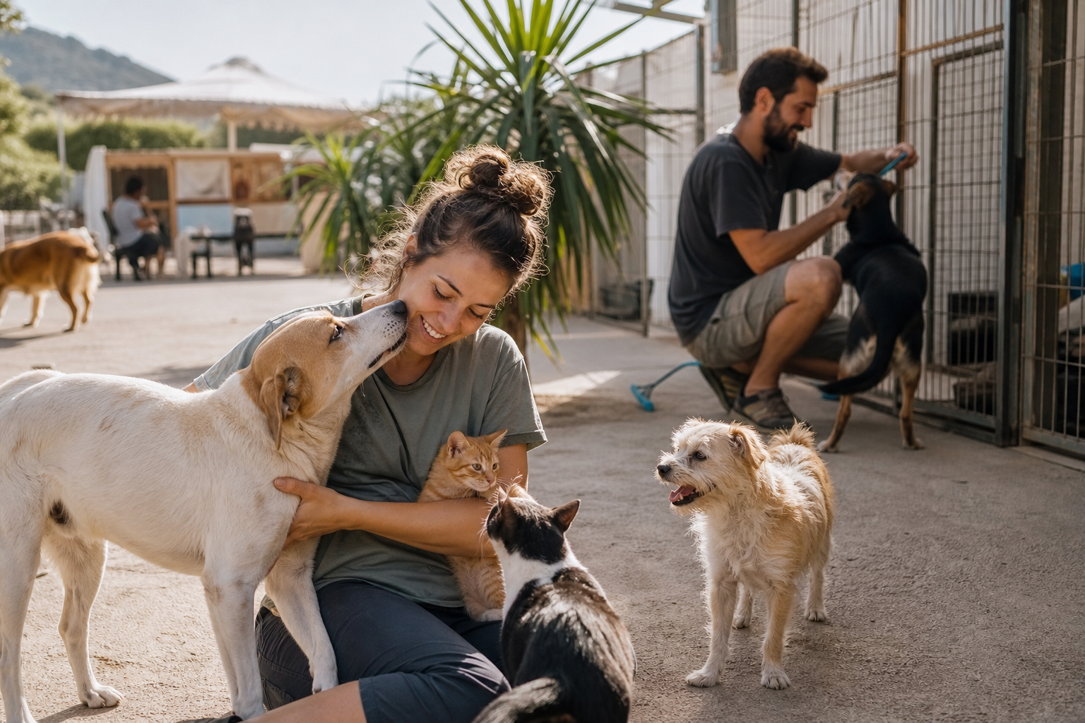 Freiwillige versorgen Straßenkatzen und Hunde in einem Tierschutzprojekt auf Mallorca