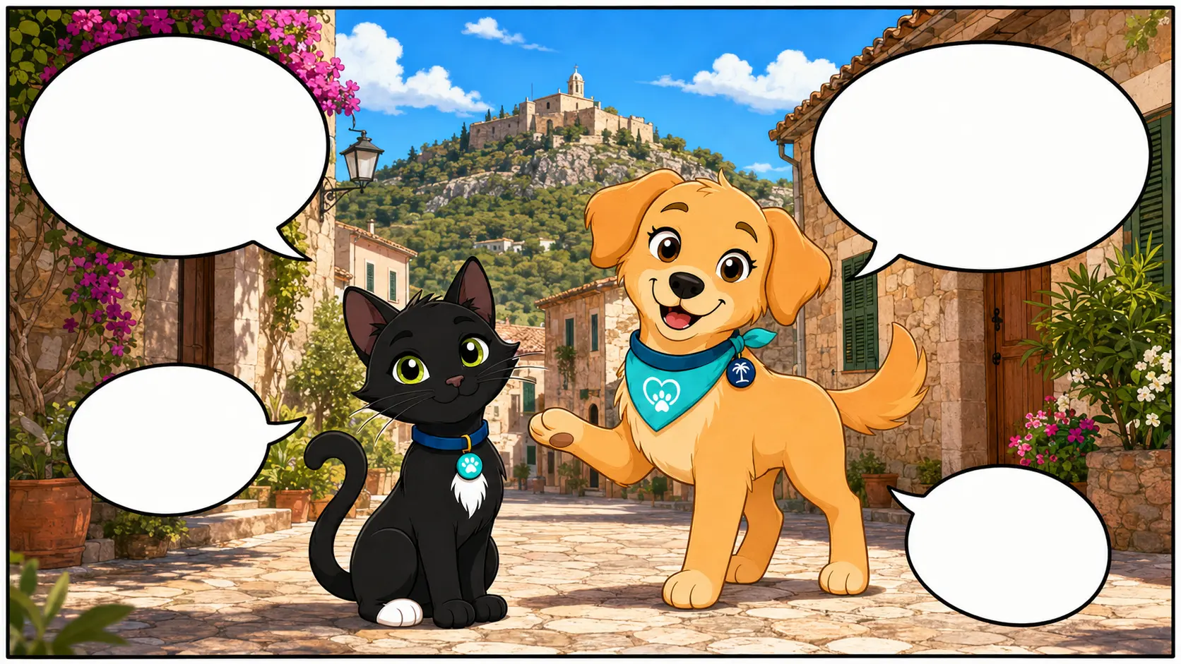 Sammy and Kira introduce themselves in front of a Mallorca scenery as the mascots of MallorcaPets.