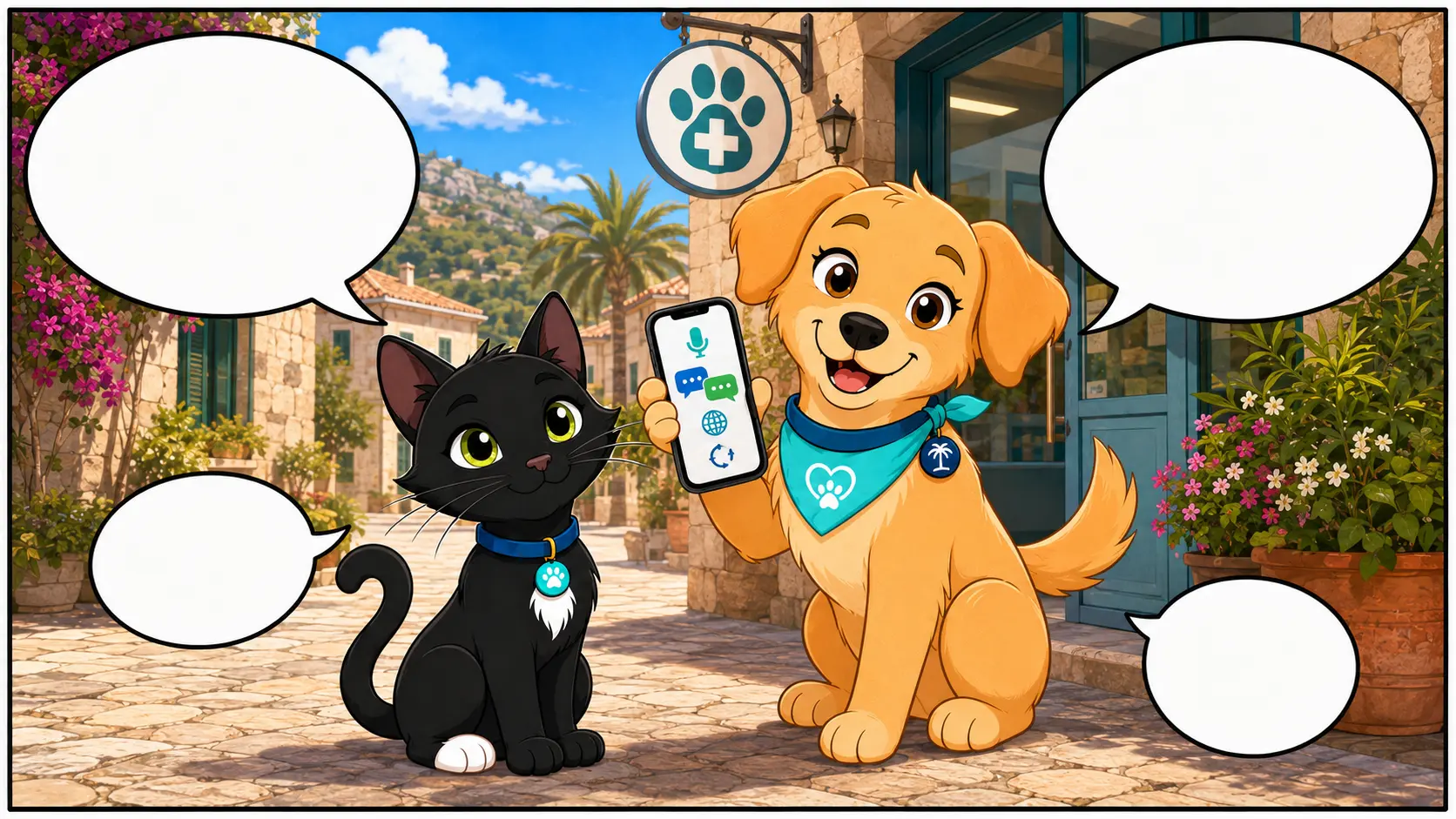 Sammy and Kira show in front of a vet clinic that language barriers can be solved with English or a translation app.