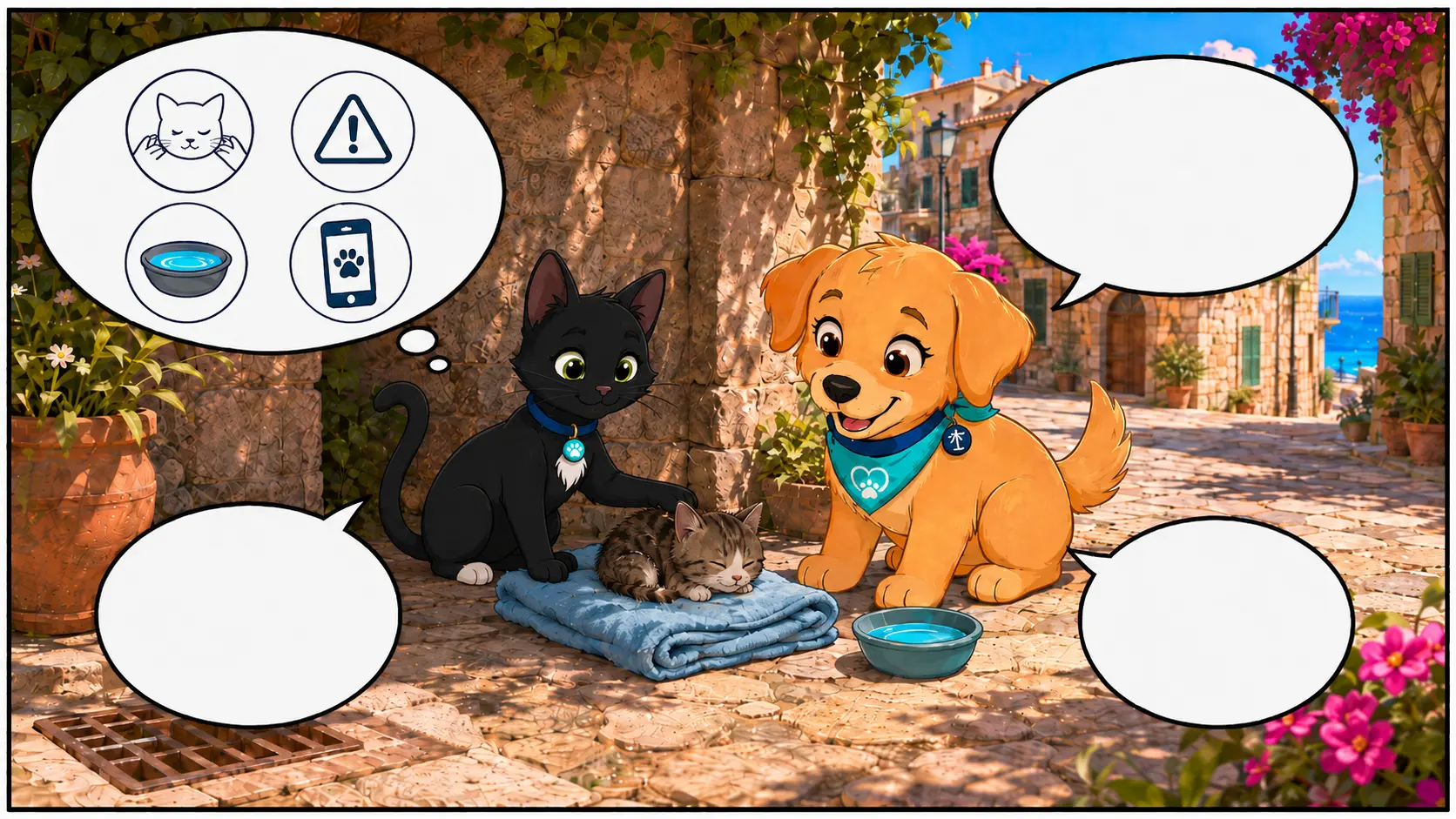 Sammy and Kira help a found animal in a quiet street scene on Mallorca.